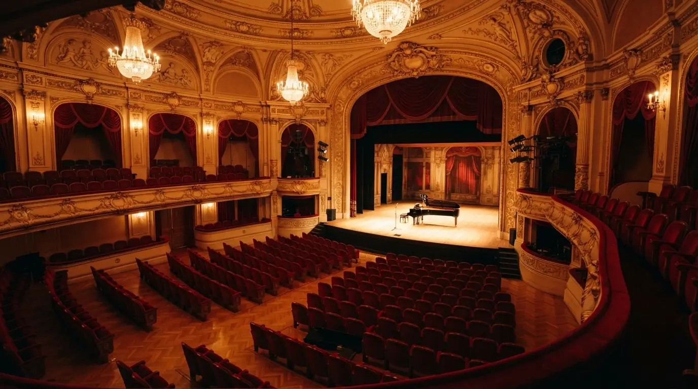Platea e palco del Teatro dell'Opera del Casinò di Sanremo con poltrone rosse e palchi