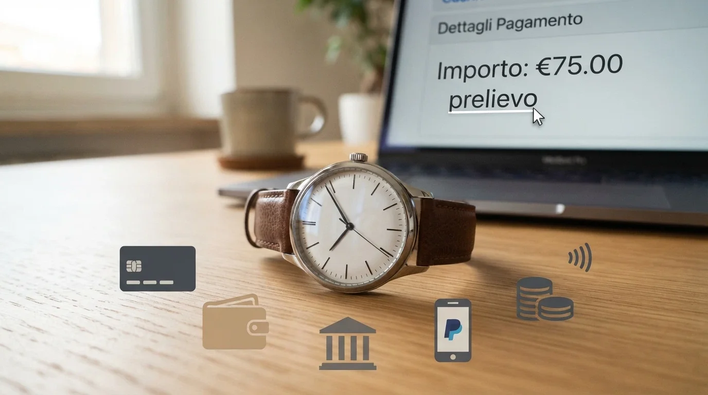 Un orologio da polso posato accanto a una serie di icone di metodi di pagamento, con un cursore che evidenzia la scritta «prelievo».