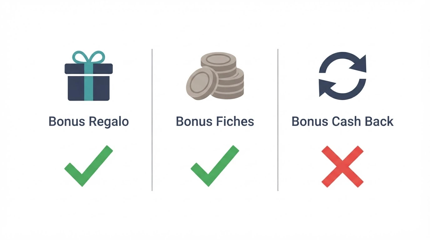 Tre colonne affiancate che illustrano Fun Bonus, Real Bonus e Cashback con icone distinte e un simbolo di prelievo (spunta o croce) per ciascuna