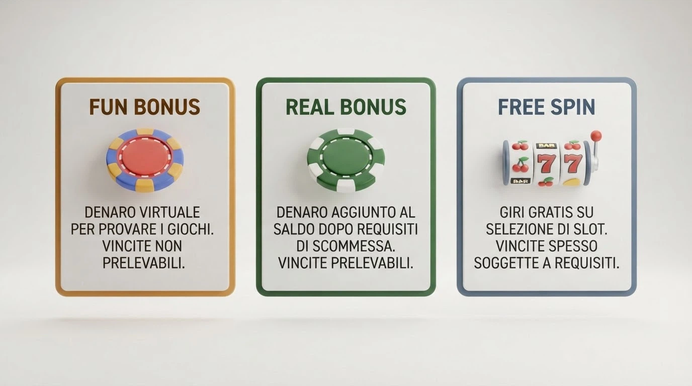 Tre riquadri affiancati che rappresentano Fun Bonus, Real Bonus e Free Spin con le rispettive regole di prelievo sintetizzate