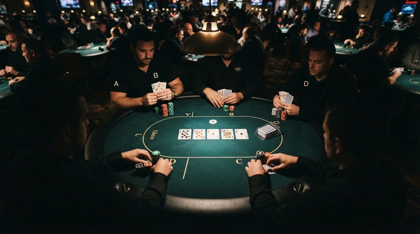 Tavolo da torneo di poker con fiches, carte e dealer professionale