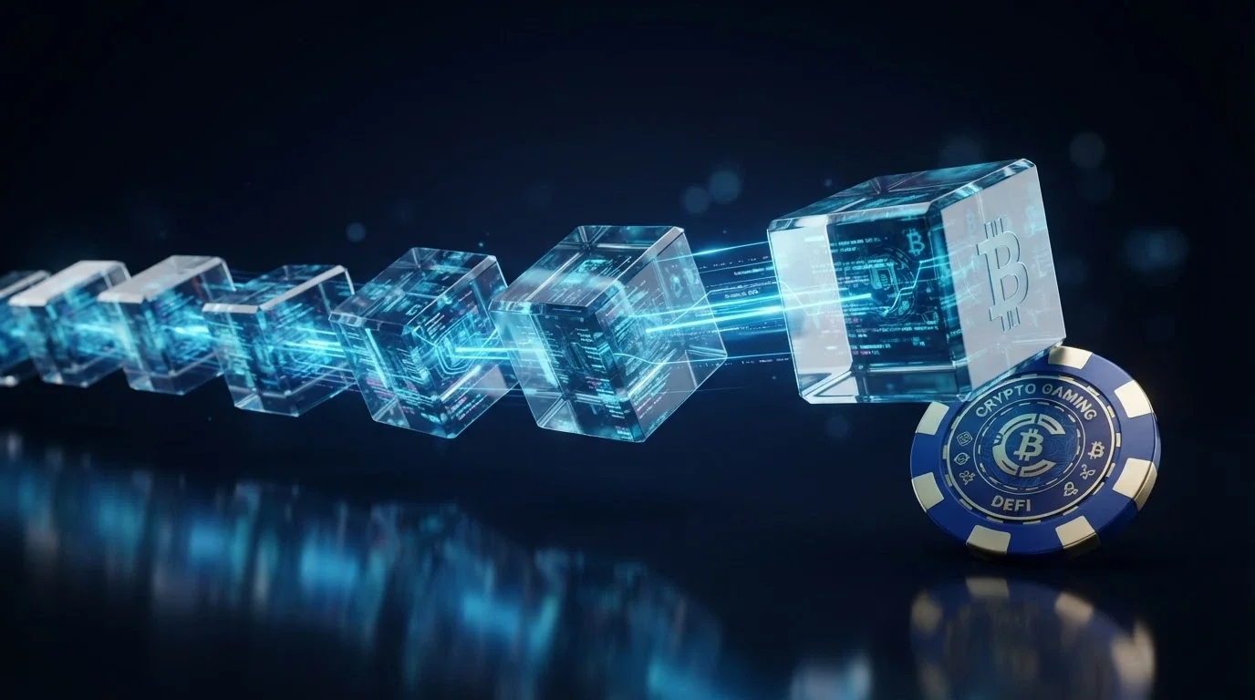 Una rappresentazione grafica di una transazione Bitcoin: blocchi collegati su una catena con l'icona di un casinò al capo opposto