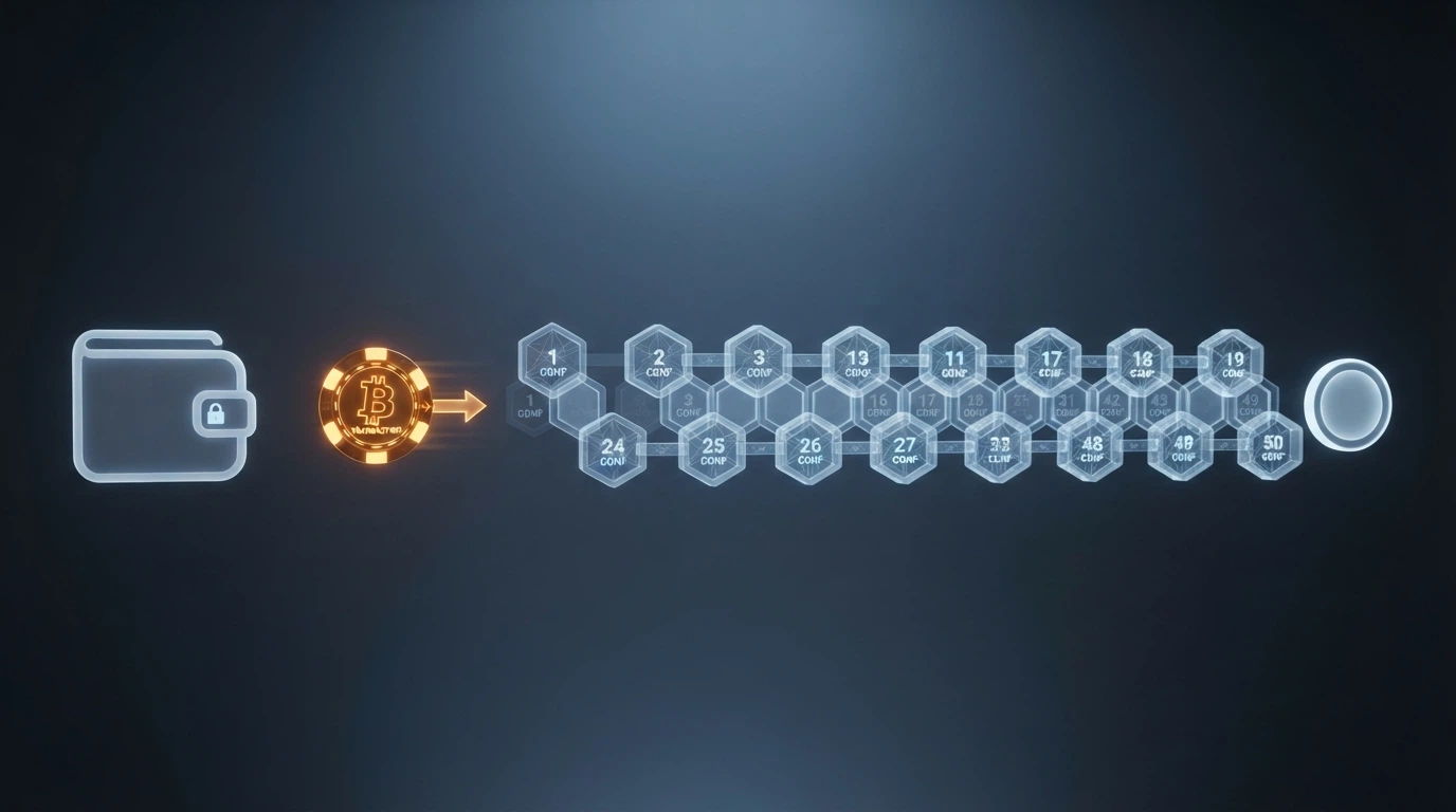 Schema di una transazione Ethereum: wallet che invia ETH all'indirizzo di un casinò, con il numero di conferme in corso visualizzato sullo schermo