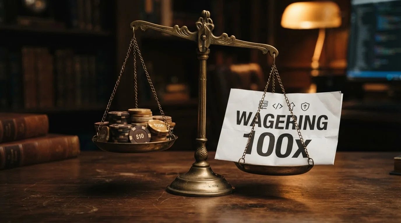 Una bilancia a due piatti: su uno una pila di monete da 500€, sull'altro un foglio con scritto «wagering 100x» che pesa di più