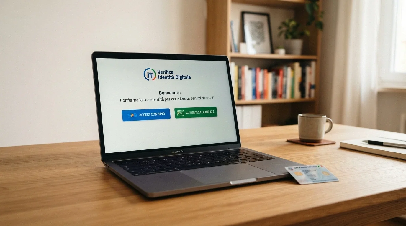 Logo SPID e Carta d'Identità Elettronica affiancati sullo schermo di un computer portatile con la pagina di accesso a un casinò ADM sullo sfondo