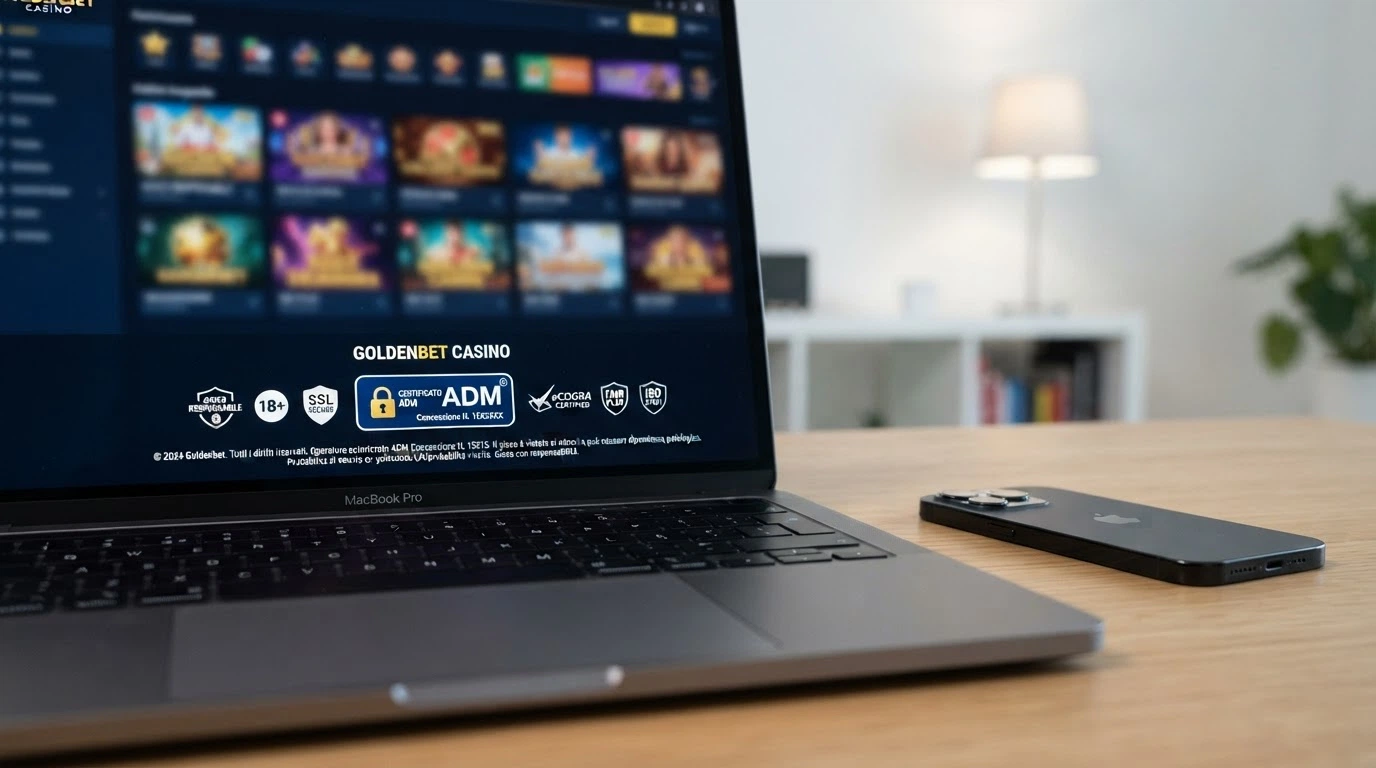 Un primo piano del footer di un sito casinò .it con logo ADM, numero di concessione e certificazioni GLI/eCOGRA evidenziati