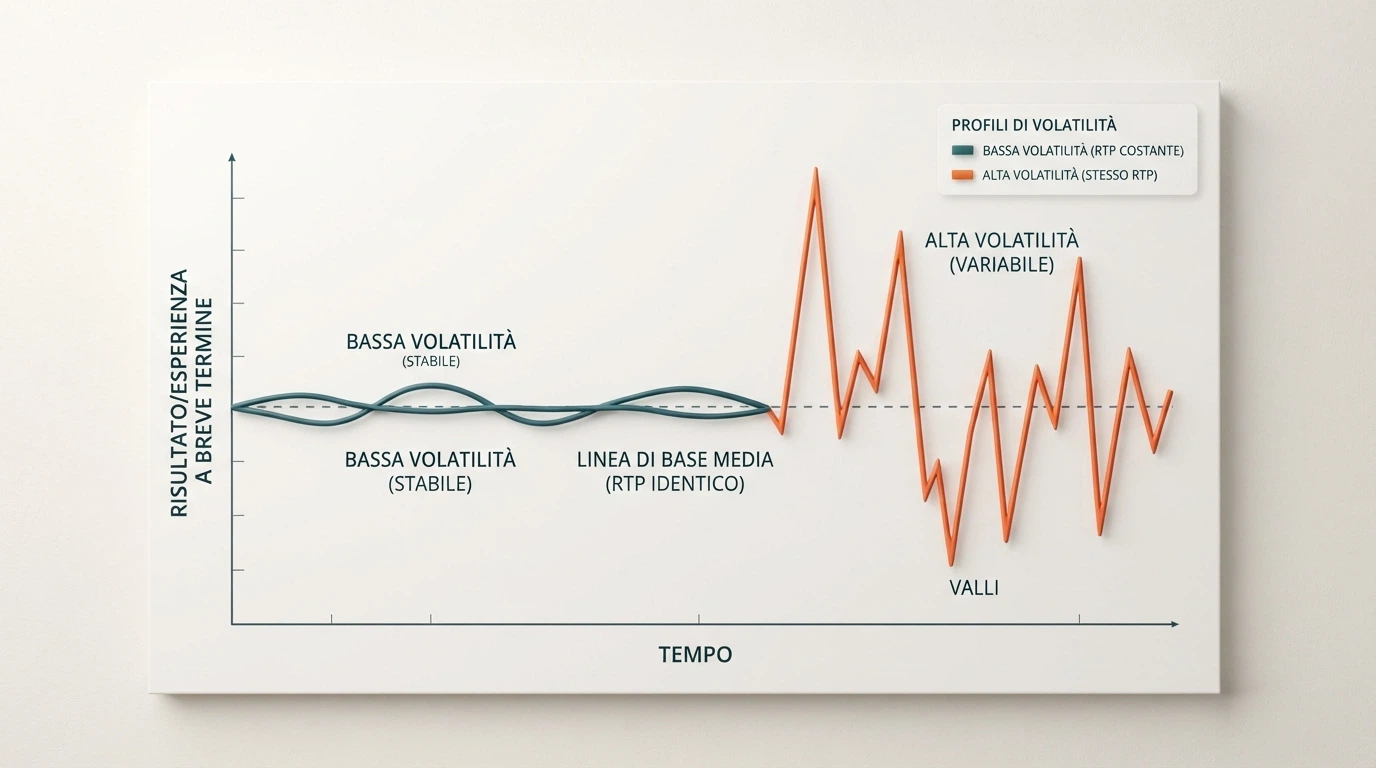 Un grafico concettuale che mette a confronto due curve: una stabile (bassa volatilità) e una con picchi e cadute (alta volatilità), entrambe con lo stesso RTP