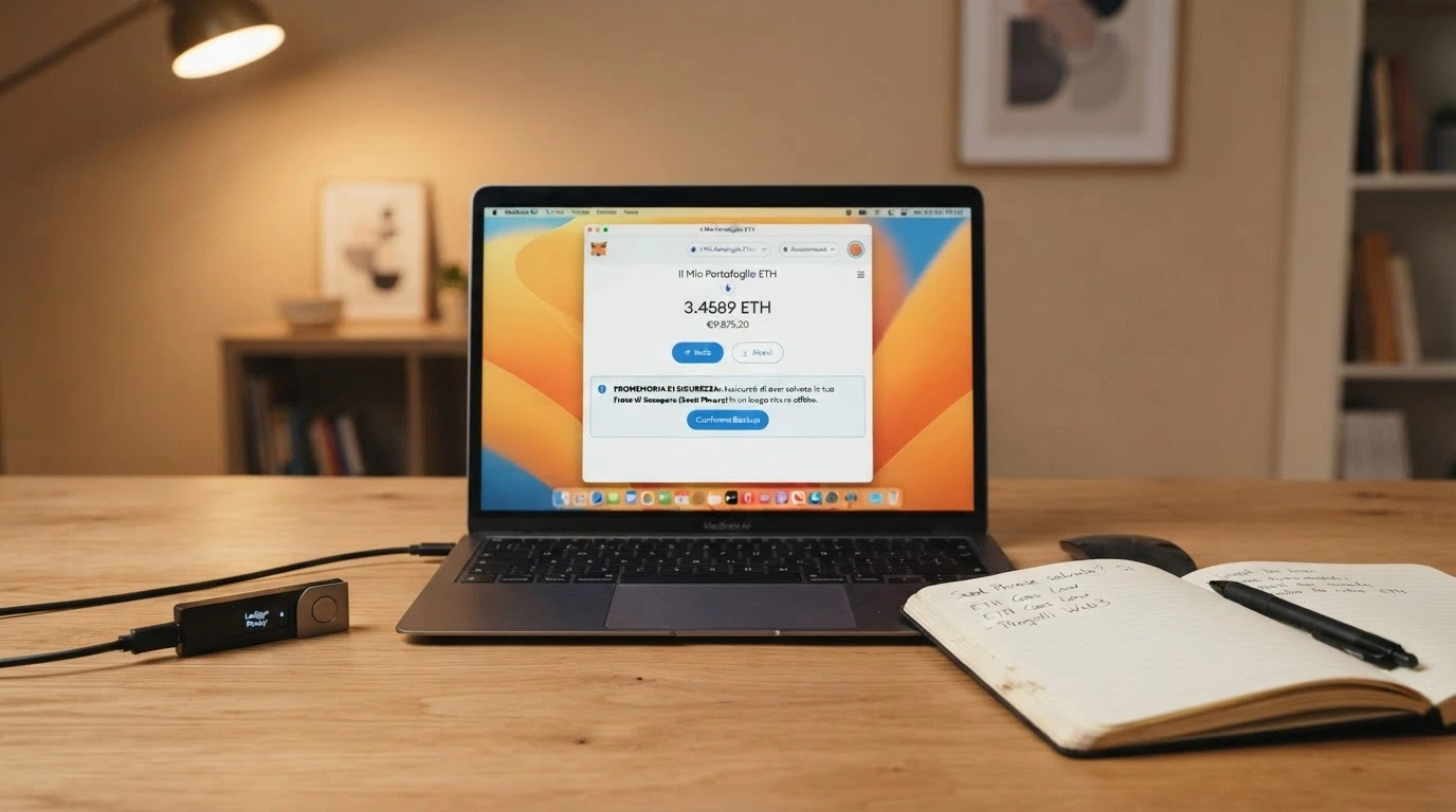 Schermata di un wallet come MetaMask aperto su desktop con il saldo in ETH e la schermata di invio, accanto a un promemoria con le icone di licenza, lucchetto SSL e recensioni